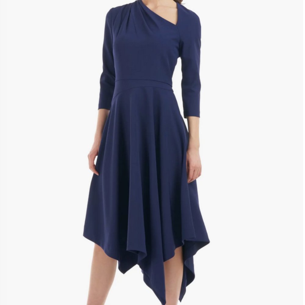 Kay Unger Alexa Women's Midi Dress with Asymmetrical Neckline Deep blue size 12